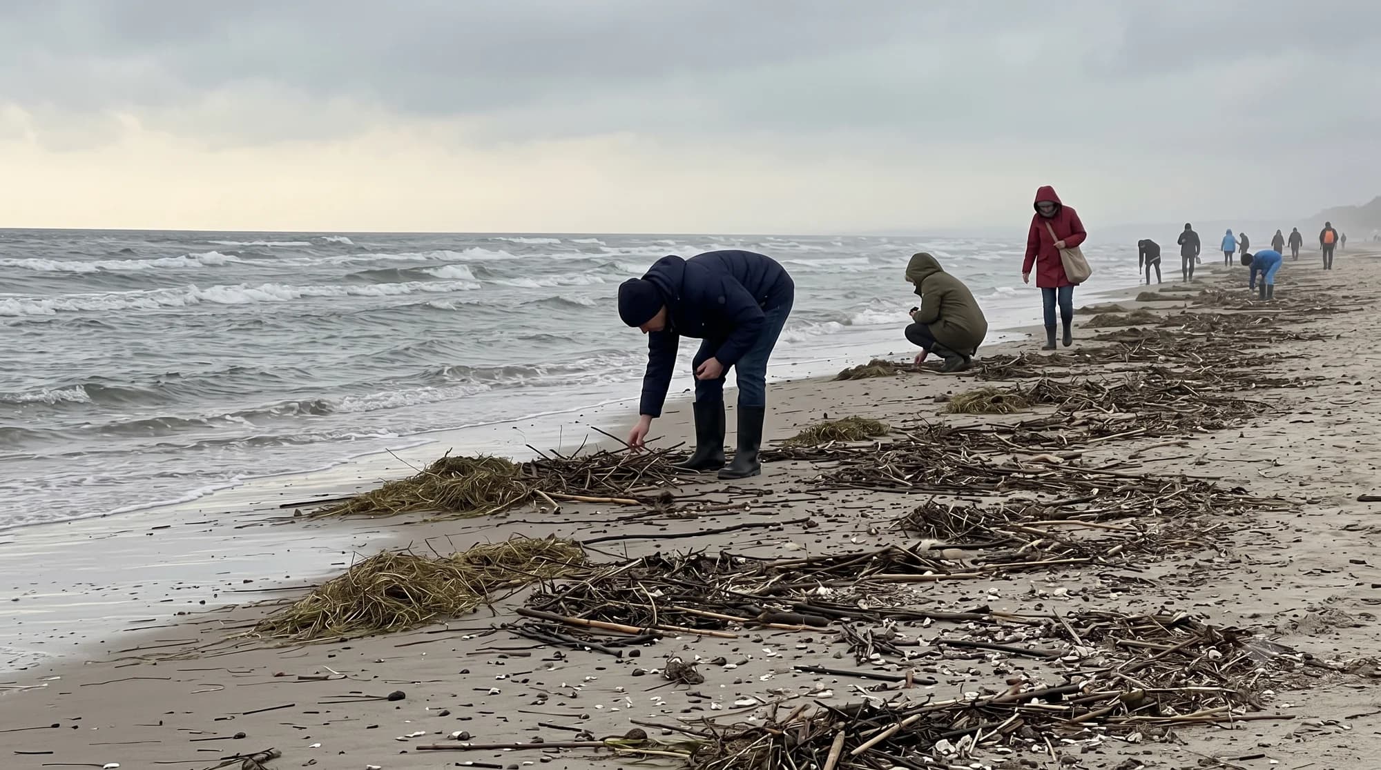 Zbieracze rozrzuceni wzdłuż świeżej kidziny po sztormie — pasa trawy morskiej, patyków i muszli. To w nim szuka się bursztynu.
