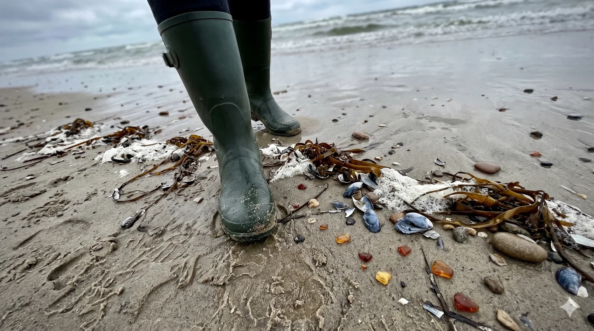 Kalosze i kidzina. Bez porządnych butów nie ma co wychodzić na plażę.