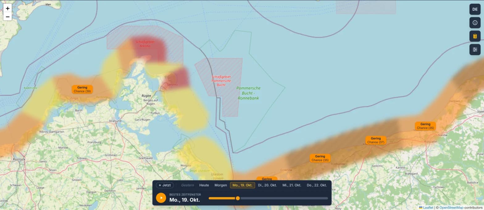 AmberMap map for Monday 19 October 2026 showing the amber forecast for Usedom, Rügen and Zingst.