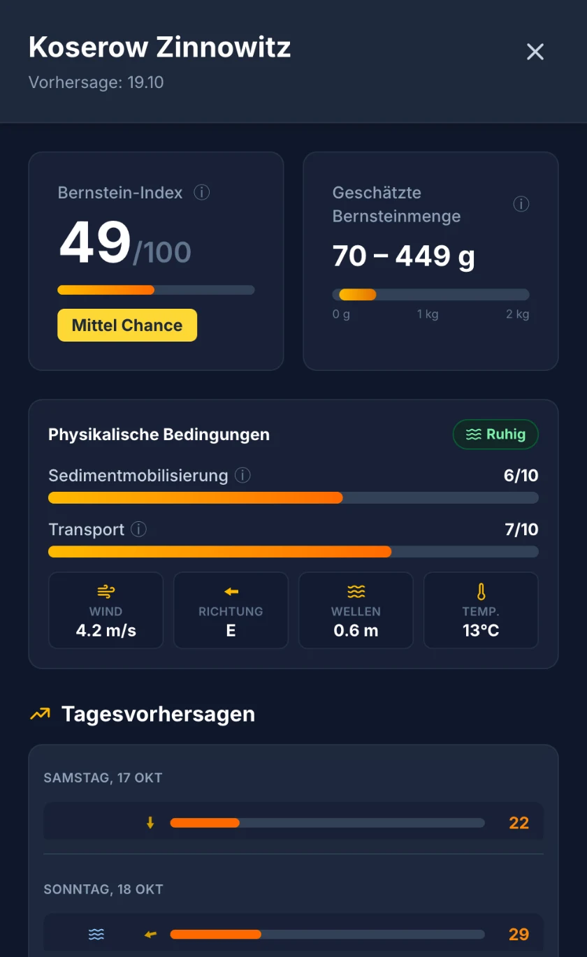 Koserow–Zinnowitz detail view in the AmberMap app: amber index 49/100 for 19 October 2026.